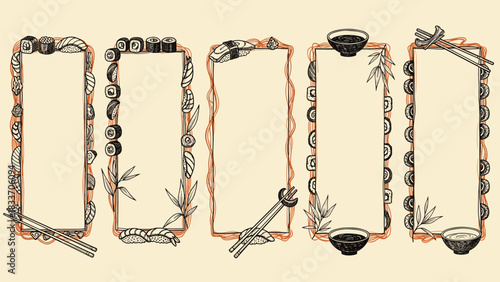 Hand-drawn vintage collection of vertical frames decorated with various types of Japanese sushi, chopsticks, and soy sauce.