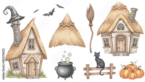 Charming watercolor collection of whimsical Halloween witch items, including a cottage, broomstick, cauldron, and black cat.
