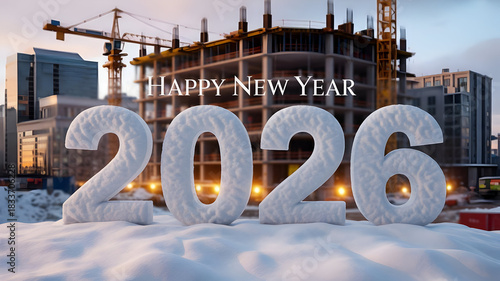 Happy new year 2026 message in snow at construction site during winter