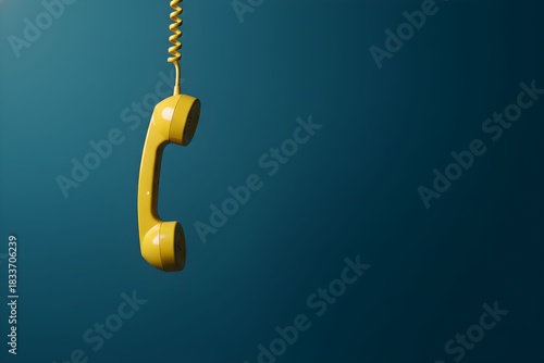 A vintage yellow telephone receiver hangs by its coiled cord against a solid dark blue background.