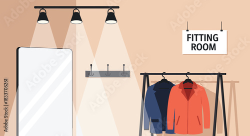 A flat vector illustration of a clothing store fitting room interior, featuring a large mirror, clothes rack, and spotlights.