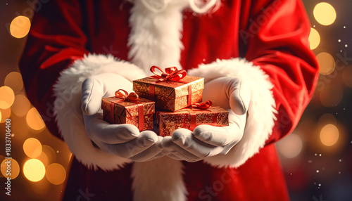 Christmas Gifts: A close-up view of a person wearing a Santa Claus suit, presenting festive gift boxes for the joyous holiday.