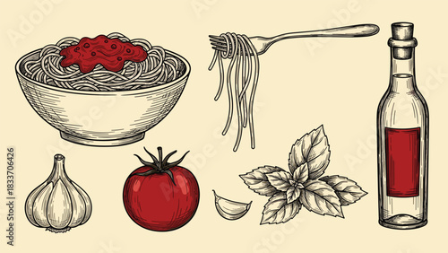 Hand-drawn collection of Italian food elements, including a bowl of spaghetti, fresh tomato, garlic, basil, and a bottle of olive oil.