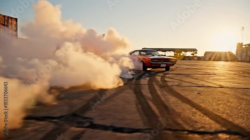 Classic Muscle Car Performing a Burnout in Slow Motion at Sunset.