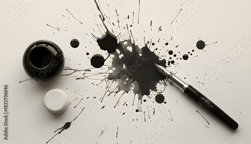 A fountain pen rests within a large black ink splatter next to an open inkwell on a white surface.