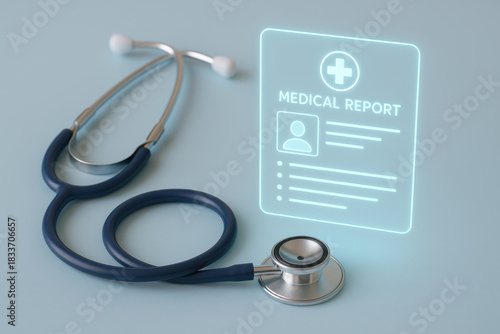 Stethoscope rests beside glowing medical report, symbolizing healthcare and patient information. This captures essence of medical professionalism and technology in modern medicine