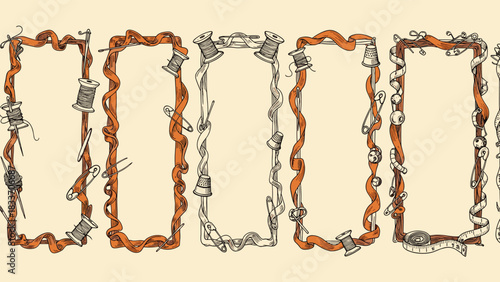 Hand-drawn vintage collection of vertical frames decorated with sewing supplies like thread, needles, thimbles, and buttons.