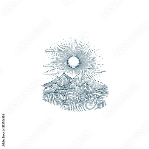 illustration featuring a dramatic mountain range towering over waves or the sea, set against a blazing sun or moon with radiating sunburst lines