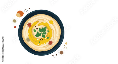 A top-down view illustration of a bowl of creamy hummus topped with olive oil, fresh parsley, and a sprinkle of spices.