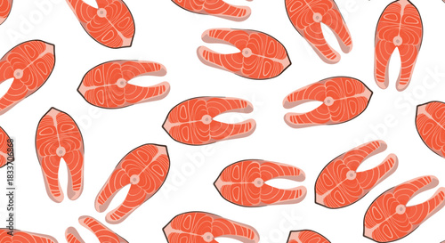 A fresh and simple seamless pattern of raw pink salmon or trout fish steaks scattered on a clean white background for culinary use.