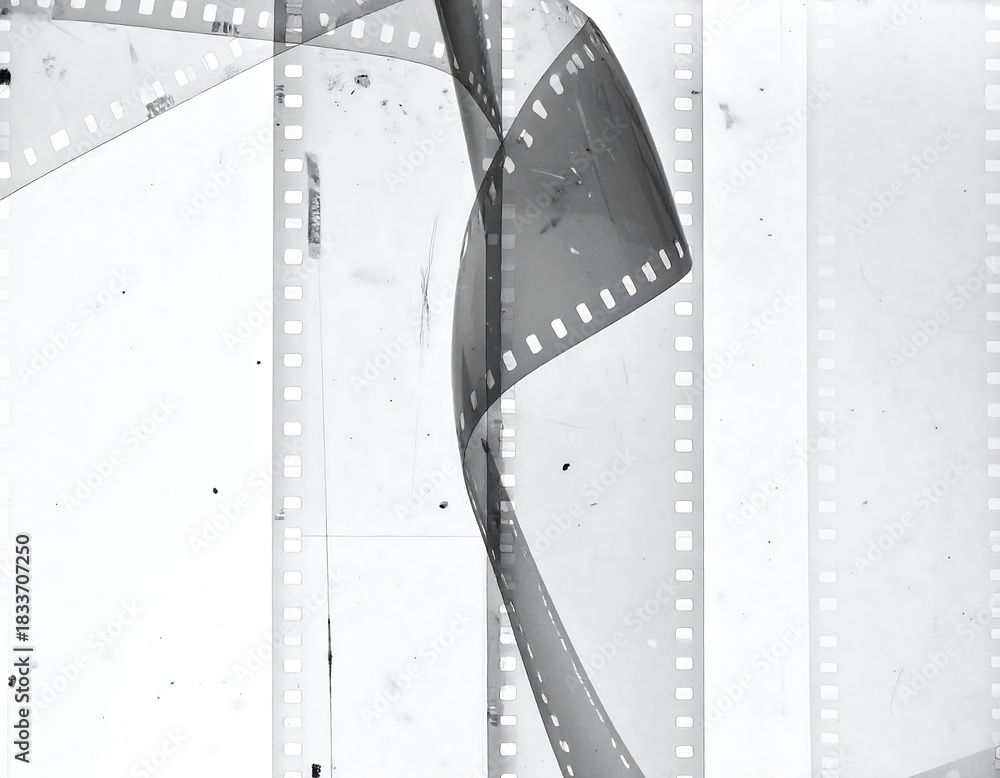 Obraz premium Black and white image of negatives arranged against a white backdrop. Film strips are curled and positioned to create an abstract composition