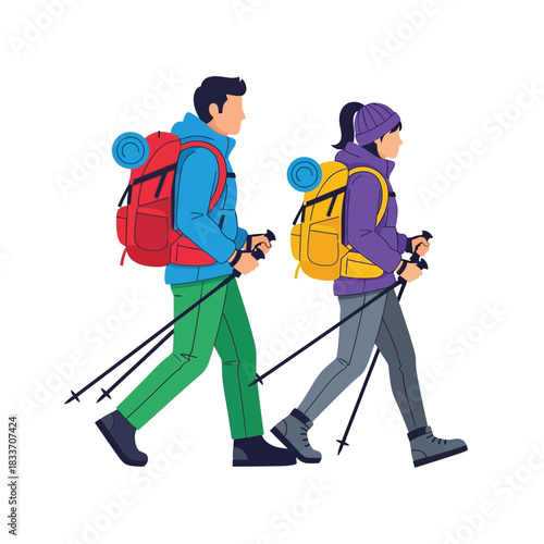 Two hikers, a man and a woman, walking with backpacks and trekking poles on a white background.