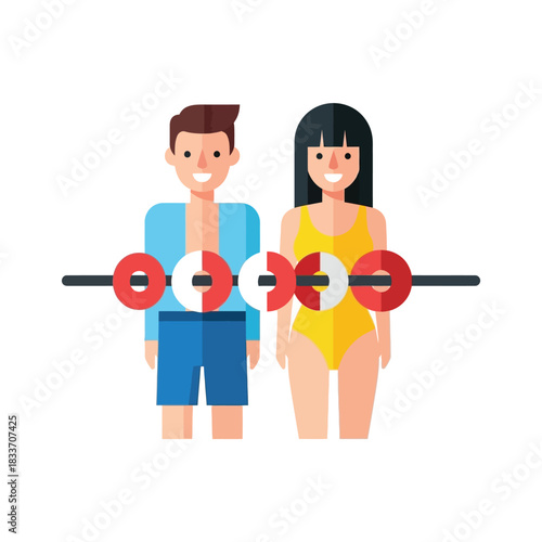 Cartoon man and woman in swimwear standing behind a swimming pool lane divider.