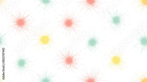Seamless abstract background pattern of colorful paint splatters or fireworks bursts in pastel pink, yellow, and green on a white background.