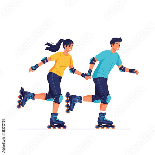 A young couple is roller skating together, holding hands and wearing protective gear.