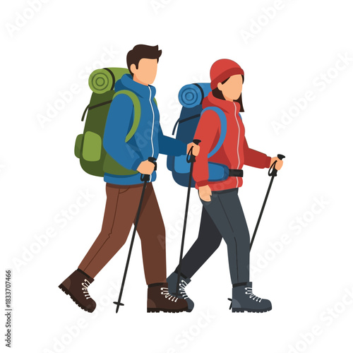 Two hikers with backpacks and trekking poles walk side-by-side, enjoying an outdoor adventure.