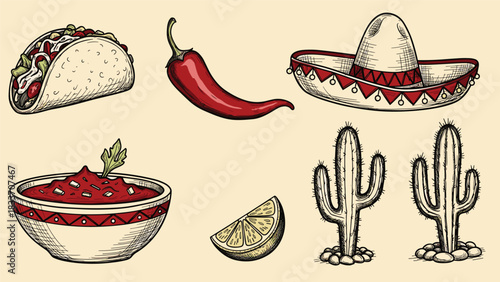 Hand-drawn vintage collection of Mexican food and cultural symbols, including a taco, chili pepper, sombrero, salsa, and cactus.