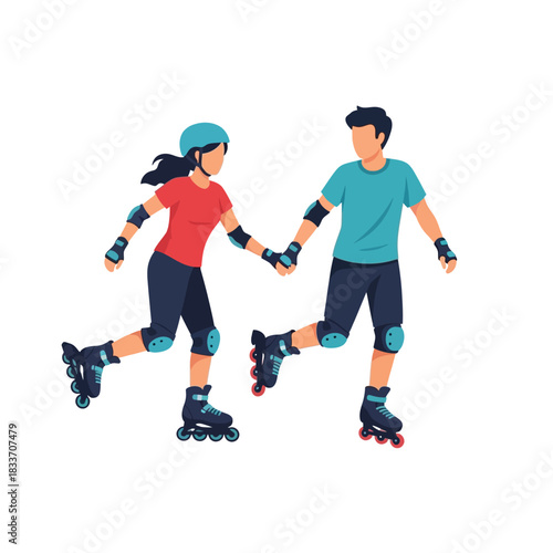 A couple roller skating together, holding hands and wearing protective gear.