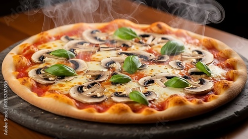 Fresh Mushroom Pizza Topped with Basil on Stone Surface with Rising Steam
