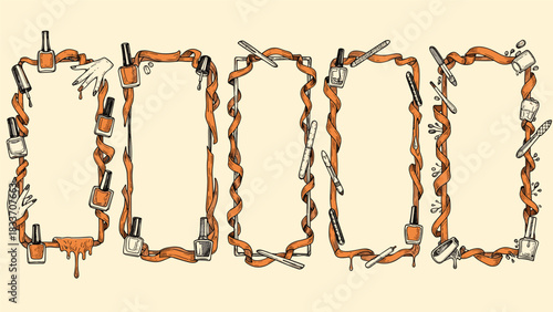 Collection of hand-drawn vertical frames for a nail salon, decorated with nail polish bottles, manicure tools, and orange ribbons.