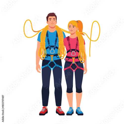 A couple stands together, wearing climbing harnesses and carrying ropes, ready for adventure.