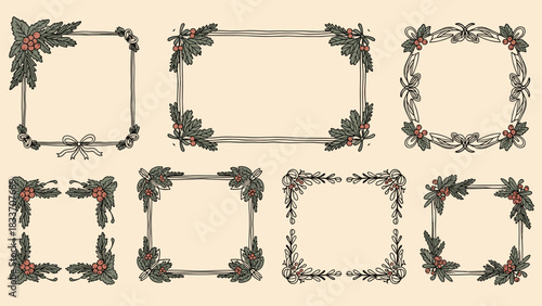 Collection of vintage hand-drawn rectangular frames and corners decorated with Christmas holly, berries, and pine for holiday invitations.