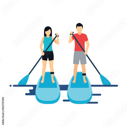 Two people paddleboarding on water, enjoying a recreational activity together.