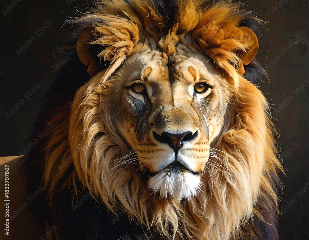 Fototapeta premium A close-up of a majestic lion's face, displaying rich colors and detailed fur, staring directly forward with a regal presence