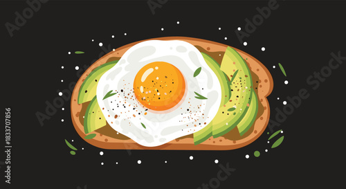 A delicious and healthy breakfast of avocado toast topped with a perfect sunny-side-up fried egg, seasoned with pepper and herbs.