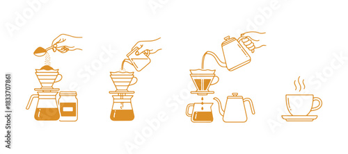 Guide for making a drink with a pour over coffee maker. Just four steps to enjoy freshly brewed coffee. Simple icon for packaging design. Isolated vector illustration in outline style.