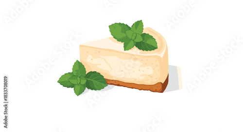 An elegant slice of classic New York cheesecake, beautifully garnished with fresh, vibrant green mint leaves for a refreshing touch.