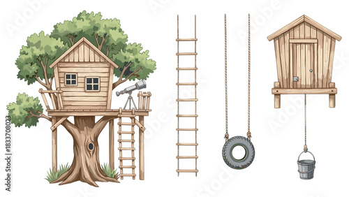 Charming watercolor collection of a backyard treehouse and accessories, including a rope ladder, tire swing, and telescope.