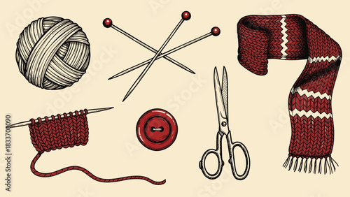 Vintage hand-drawn collection of knitting and craft supplies, including a ball of yarn, needles, scissors, a button, and a scarf.