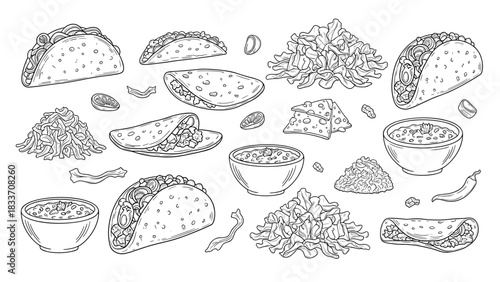 Hand-drawn black and white collection of various Mexican food items including tacos, burritos, nachos, and salsa.