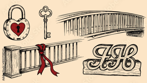 Hand-drawn vintage collection of romantic symbols, including a love lock bridge, a heart-shaped padlock, a key, and carved initials.