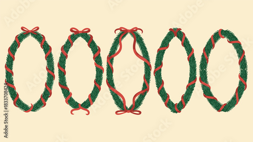 Collection of festive oval-shaped Christmas wreaths made of pine branches and decorated with elegant, flowing red ribbons and bows.