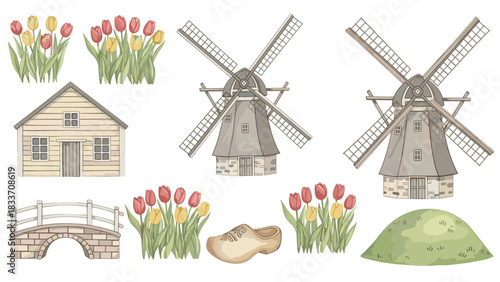 Watercolor collection of iconic Dutch and Holland symbols, including windmills, tulips, a wooden shoe, and a classic house.