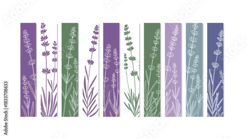 Collection of vertical banners and bookmarks with elegant lavender floral patterns in various shades of purple, green, and blue.