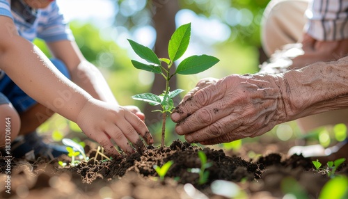 Child and Senior Planting Tree Together in Garden