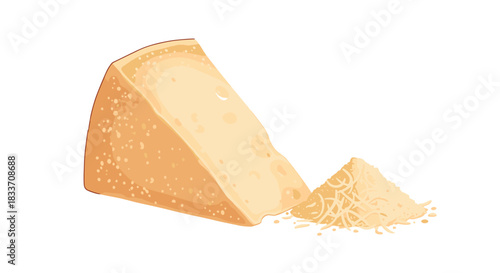 Realistic vector illustration of a wedge of hard parmesan cheese next to a small pile of freshly grated cheese, isolated on white.