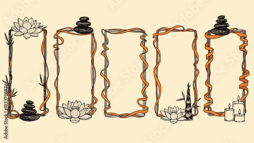 Ornate collection of vertical frames in a hand-drawn vintage style, decorated with spa elements like lotus and bamboo.