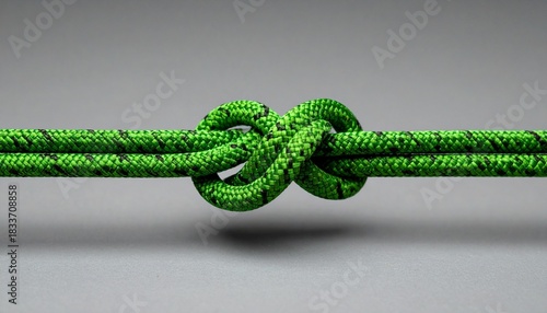 Green braided rope tied in overhand knot on dark gray background