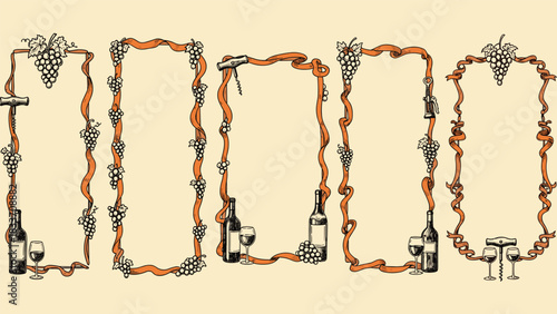 Hand-drawn vintage collection of five vertical frames with wine-themed decorations like grapes, bottles, and corkscrews.