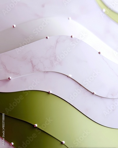 An abstract design featuring layered wave-like shapes in shades of white, green, and pink, with small metallic spheres.