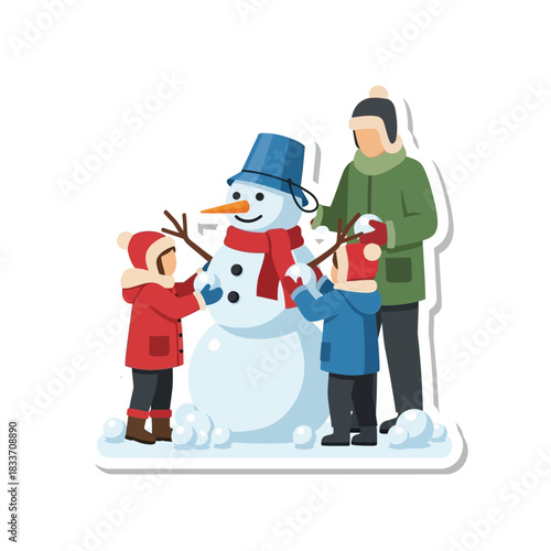 A family builds a snowman together, placing arms, a bucket hat, and a scarf around it.