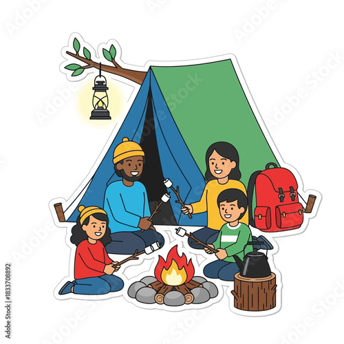 Family camping: mother, father, son, and daughter roasting marshmallows over a campfire near a tent.