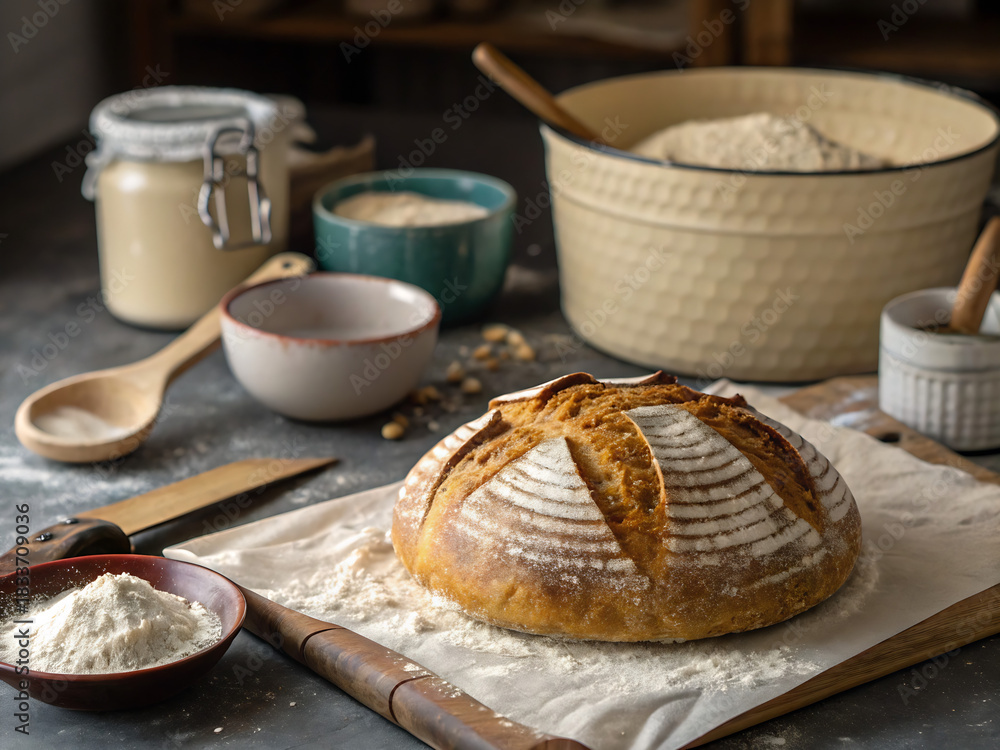 Naklejka premium Rustic Sourdough Bread Loaf with Flour and Baking Ingredients