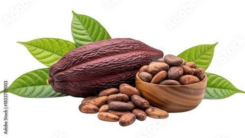 Cocoa pod with roasted cacao beans and leaves on transparent background

