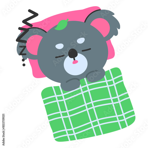 cute grey cartoon koala wrapped in a blanket with a tired expression, ideal for health themes, rest concepts, wellness graphics, and soft comforting illustrations