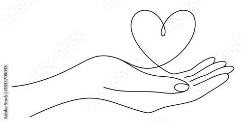 Continuous line art drawing of an open human hand gently holding a heart shape, symbolizing love, care, compassion, and support concepts. Vector, illustration
